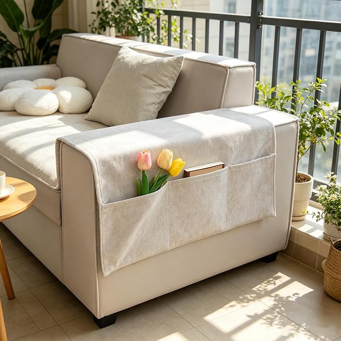 Sofa Armrest Cover with Pockets Set of 2 Solid Color Furniture Protector Slip Chenille Non Slip Recliner Organizer Remote Holder Caddy Accessories for Living Room Bedroom Kitchen 24*43.3 Inch Beige
