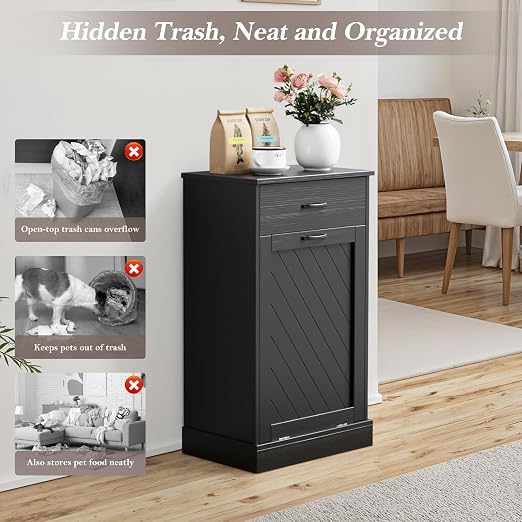 njnj 13 Gallons Tilt Out Trash Cabinet, Kitchen Hidden Trash Bin Cabinet Wood Garbage Recycling Cabinet with Hideaway Drawer, Pet Proof Freestanding Trash Bin for Kitchen Living Room Black