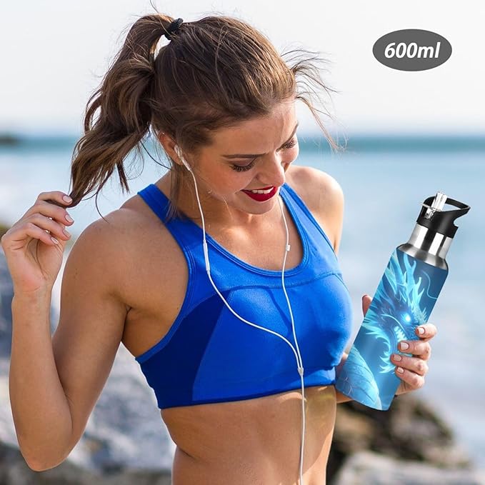 Dragon Blue Lightning Water Bottle with Straw Lid Kids Insulated Stainless Steel Water Flask Sports, 20 Oz Hot Cold