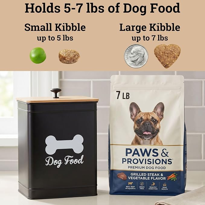 Metal Dog Food Container 5-7lb, 25 Cup w/ Airtight Bamboo Lid, Metal Handle | Pet Jar For Dogs up to 50lbs, Airtight Bamboo Lid, Sturdy Comfortable Metal Handle, Powder Coated Iron, Kibble Storage Bin
