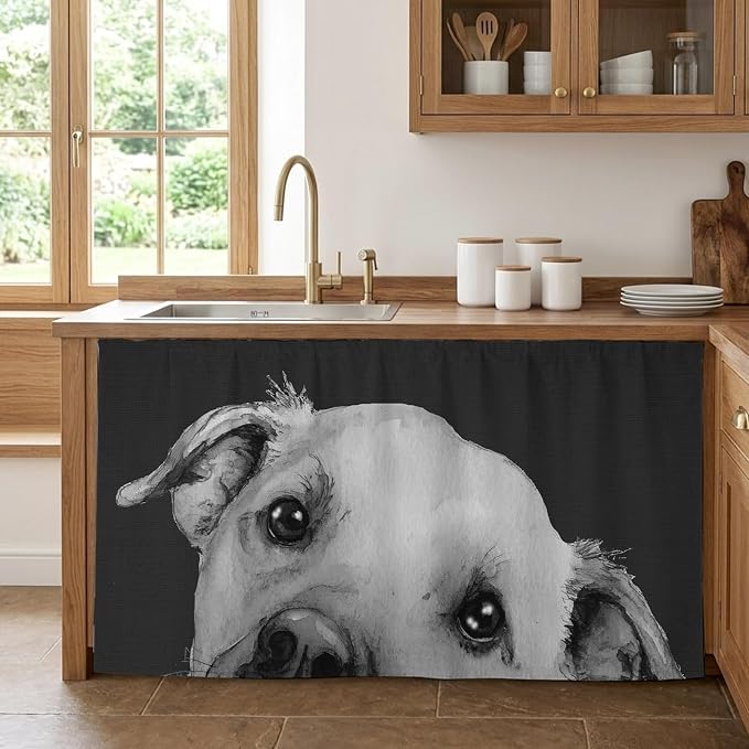 Black Dog Cabinet Curtain 32"Wx55"L,Dustproof Pantry Door Curtain with Self Adhesive Tape,Cute Pets Eyes Animals Fur Vintage Oil Painting Tall Storage Cover Privacy Drape for Bathroom Kitchen Laundry