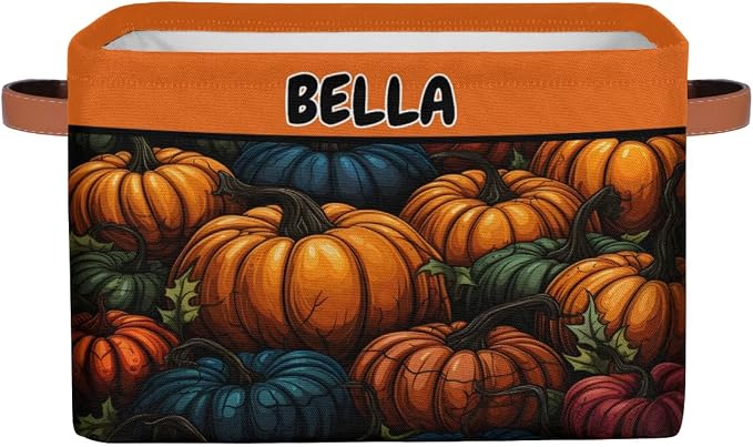 Personalized Foldable Spring Floral Storage Basket with Name for Boys, Laundry Hamper Dirty Clothes Pet Toys Storage Bin with Handles for Shelf Home Closet, Halloween Colorful Pumpkins