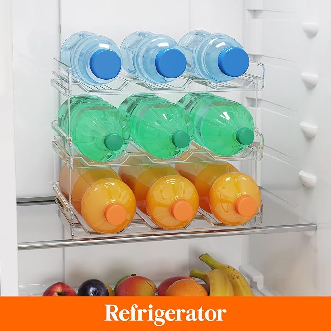 Lifewit Stackable Water Bottle Organizer for Cabinet, Clear Tumbler Holder | Large Slot for Up to 32 oz Cups, Plastic Wine Rack for Fridge, Pantry, Kitchen Organization & Storage, 3-Tier Holds 9 Bottles