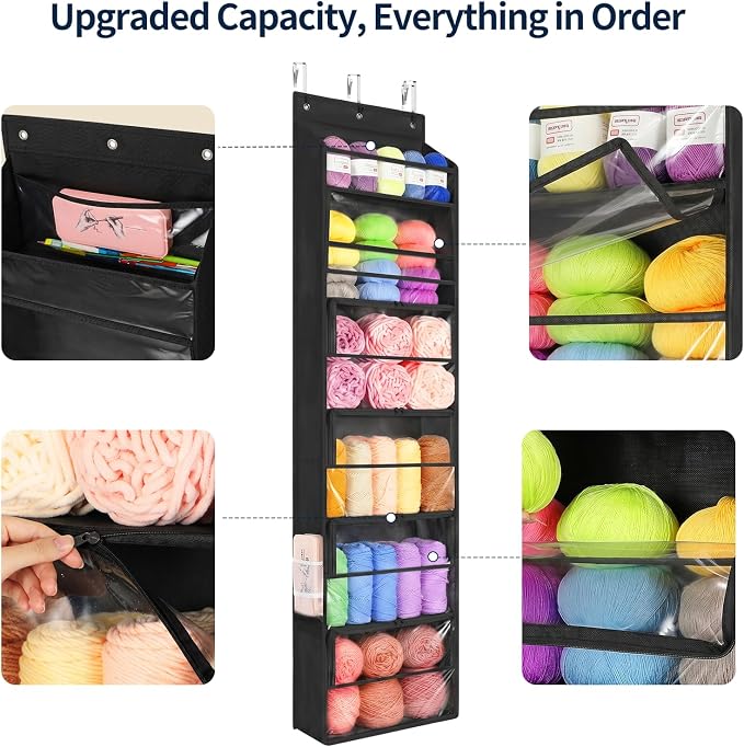 Yecaye Hanging Yarn Storage Organizer with 6 Zippered Closure Compartments, Heavy Duty Stuffed Animal Storage with Clear Full-Front PVC, Dustproof Yarn Holder for Crocheting Storage, Black 6 Tier