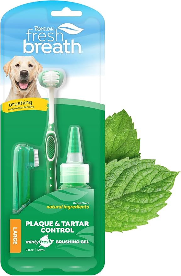 TropiClean Fresh Breath Dog Oral Care Kit | Complete Toothbrush and Toothpaste Set for Plaque & Tartar Control | Tooth Brushing Kit for Large Animals