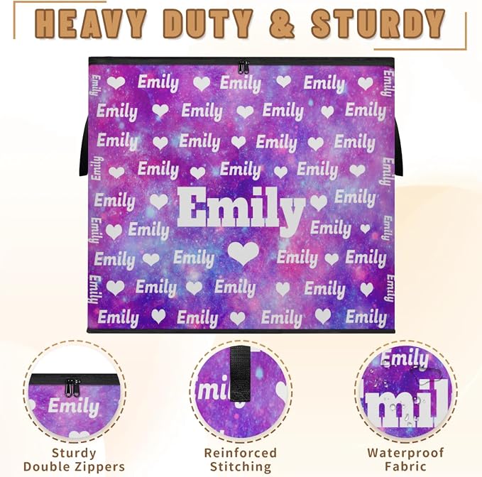 Custom Storage Baskets Cubes for Home with Name, Love Heart Large Foldable Organizer Collapsible Storage Bins for Home Blanket Comforters Clothes Closet Nursery, Watercolor Purple Galaxy Background