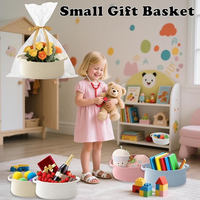 Cream Woven Rope Basket,Baby Gift Basket with Bag & Ribbon | Cotton rope with handle, 12x8x5 in, gift bag and ribbon, for baby shower, birthday, toy storage, nursery, shelf decor