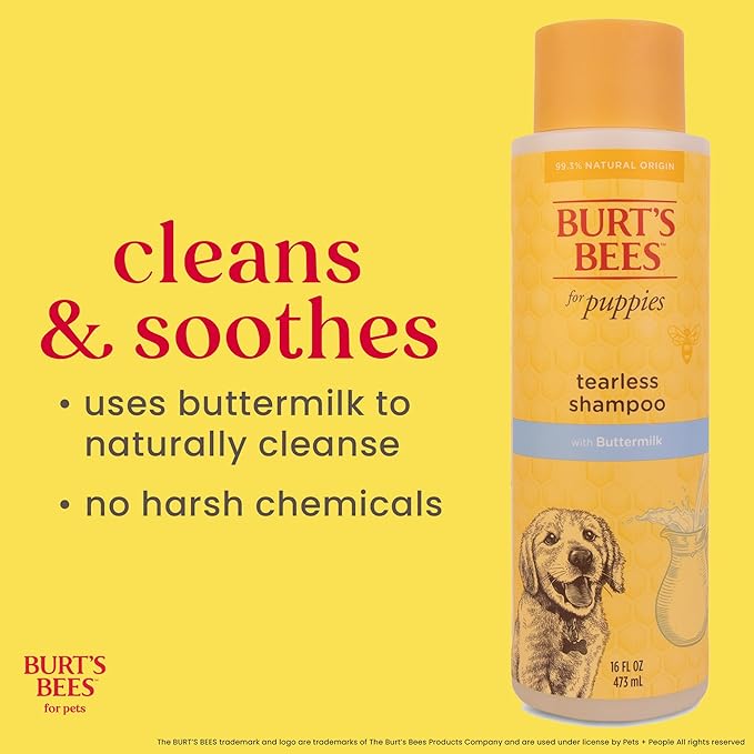 Burt's Bees for Pets Tearless Puppy Shampoo with Buttermilk and Flaxseed Oil, Gentle Dog Shampoo for Puppies 8+ Weeks, Fragrance Free Coat Cleanser with 95% Natural Origin Formula, 16 Fl Oz