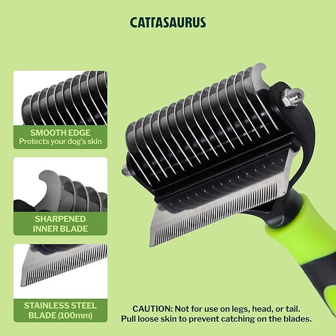 CATTASAURUS Cats & Dogs Grooming Brush for Shedding - 2 in 1 Deshedding Tool and Undercoat Rake for Long and Short Haired Dogs with Double Coat - Dematting Comb and Pet Hair Deshedder Supplies