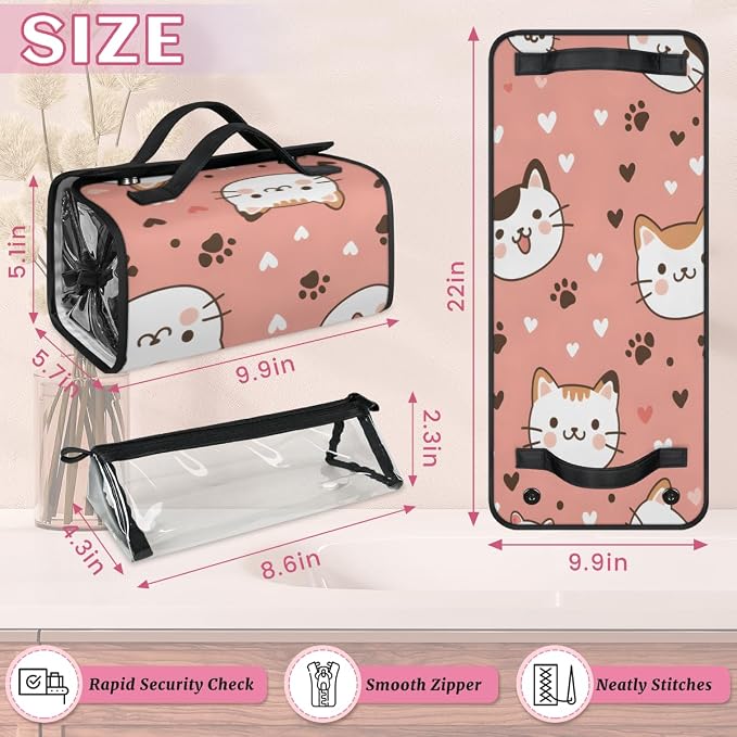 Cat Makeup Bag for Women Hanging Roll-Up Travel Organizer Toiletry Kit with 4 Removable Compartments, Cat Paws Print