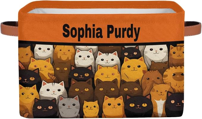 Personalized Kids Toy Box with Name, Custom Nursery Baskets Cubes Bins, Kids Custom Storage Basket Laundry Baskets Organizer with Handles, Cute Colorful Cats Pattern