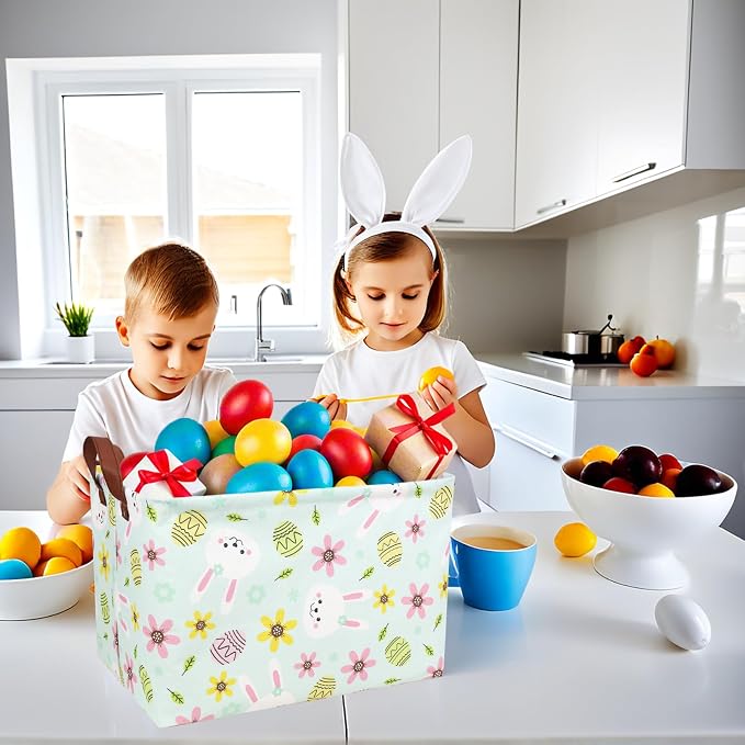 Large Empty Easter Basket for Kid Fabric Personalized Bunny Eggs Easter Gift Basket for Boy and Girl (Rabbit Blue Background)