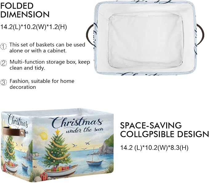 Christmas Beach Time Storage Basket with Waterproof Liner and PU Handles Xmas Tree Summer Theme Storage Bins Boxes 14.2" Collapsible Decorative Organizer Baskets for Bedroom Closet Office 1 Pack