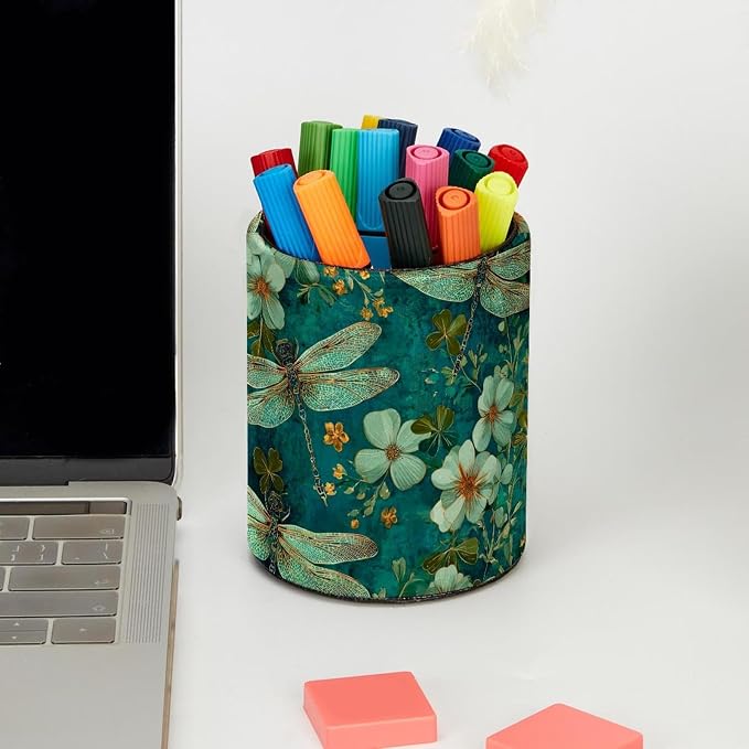 Faux Leather Pen Holder for Desk, Pencil Organizer Dragonfly Pen Cup Desk Decor Makeup Brush Holder Storage for Office Home