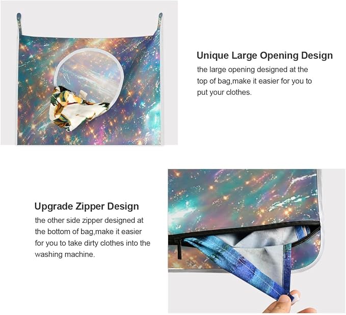 2PCS Hanging Laundry Hamper Bag Over the Door Laundry Hamper Wall Hamper Large Dirty Clothes Hamper with Stainless Steel Hooks 29.5x20Inch Blue Bright Sparkling