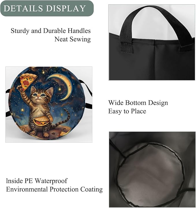 Playful Cat Laundry Basket Hamper, Organizer Bins Gifts for Women Kids, Cute Pizza Moon Foldable Waterproof Clothes Hamper Handles Storage Bucket for Bedroom Bathroom Room Decor 19.7"x15.7"