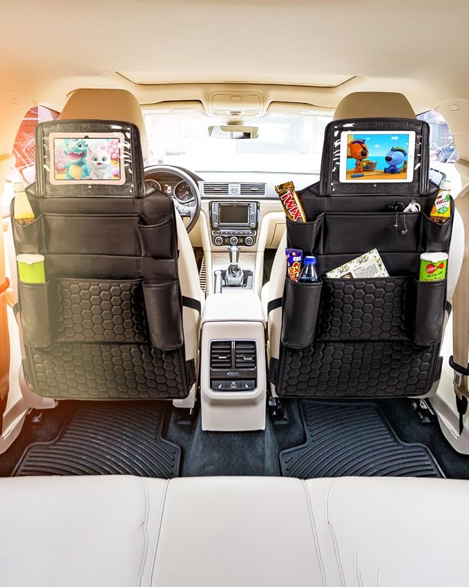 Owleys Car Seat Protector and Back Seat Organizer Set for Kids, Black | Two pieces: kids backseat organizer with clear tablet pocket plus a faux leather kick guard seat protector.