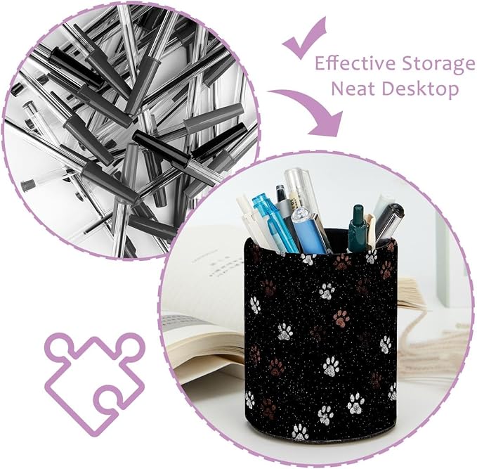 Faux Leather Pen Holder for Desk, Pencil Organizer Pet Paw Prints Pen Cup Desk Decor Makeup Brush Holder Storage for Office Home