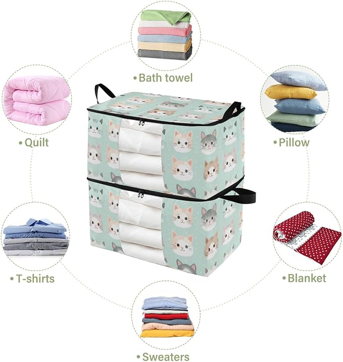 Cute Cats Clothes Storage Bag Bins 2 Pack Foldable Storage Containers Large Closet Organizer with Zipper Storage Cubes for Comforters Clothing Bed Sheets 60L, g355896615p976c1037s2357