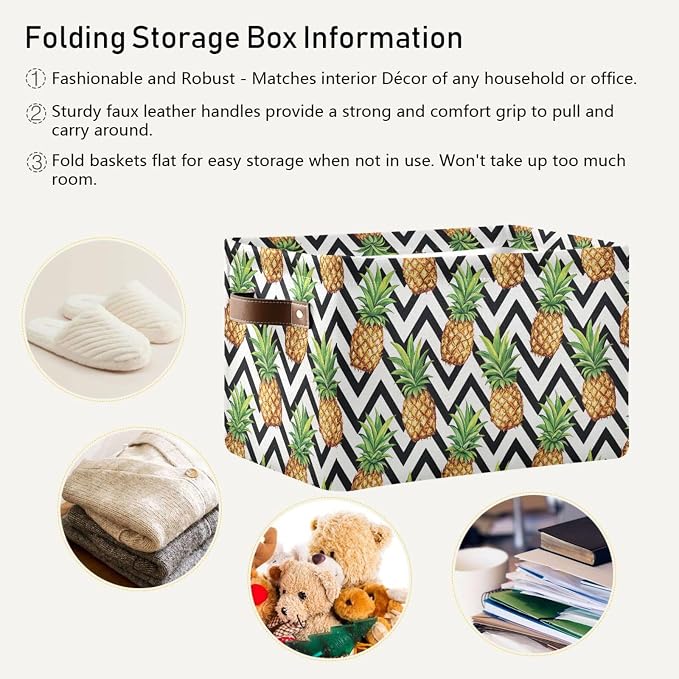 Pineapple Pattern Storage Basket Bin, Large Cube Storage Box Canvas Collapsible Storage Organizer for Home Office Closet, 2PCS - 15 L x 11 W x 9.5 H