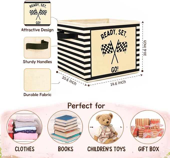 Racing Storage Bin, Checkered Flag Black White Stripe Fabric Basket | Foldable racing flag fabric organizer for nursery, bedroom, playroom, toys, books, and clothes