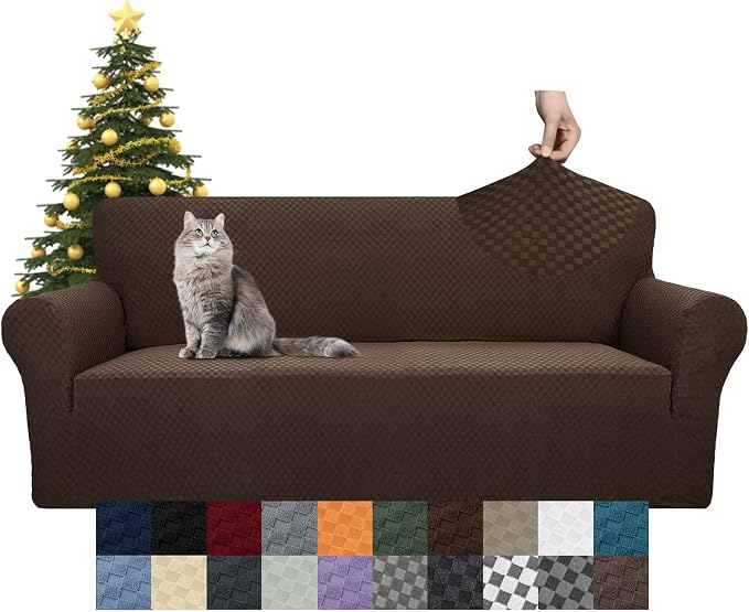 YEMYHOM Couch Cover Latest Jacquard Design High Stretch Sofa Covers for 3 Cushion Couch, Pet Dog Cat Proof Slipcover Non Slip Magic Elastic Furniture Protector (Large, Dark Coffee)