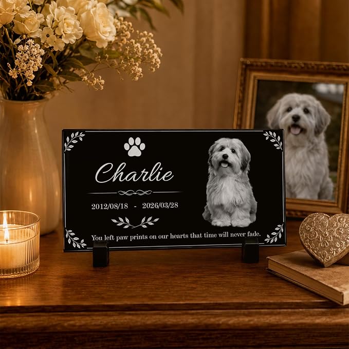 Personalized Pet Memorial Stone, Custom Granite Pet Grave Marker | for Dogs & Cats , Engraved Memorial Plaque with Photo Name Dates & Message, Indoor Outdoor Garden or Tabletop Display