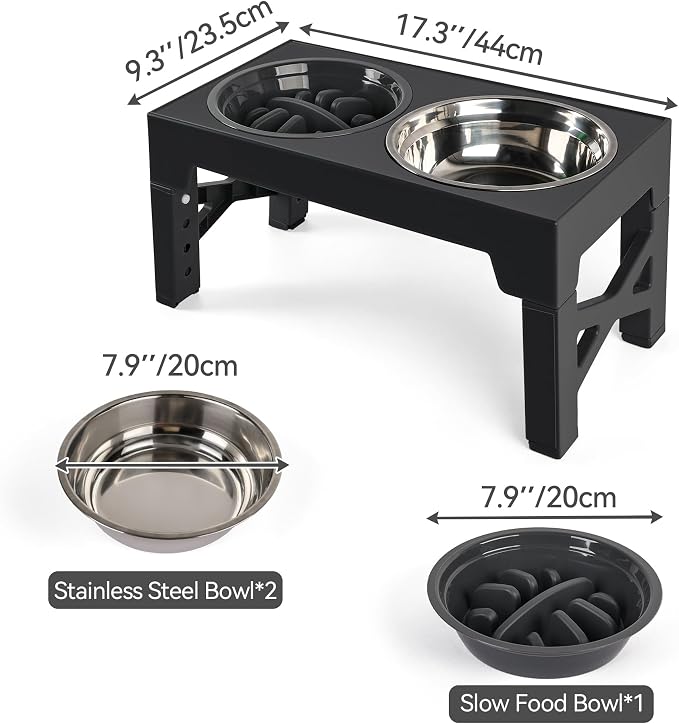 PAWISE Elevated Dog Bowls, 5 Height Adjustable Raised Dog Bowl Stand with 1 Slow Feeder Bowl & 2 Stainless Steel Bowls, Non-Slip Dog Feeding Station for Large, Medium, Small Dogs and Cats, Black