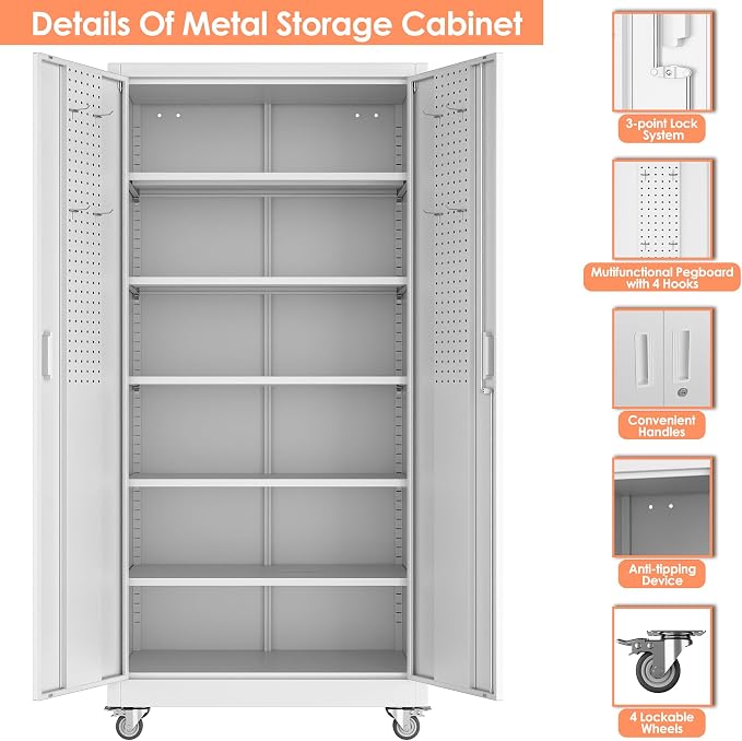 71" White Metal Storage Cabinet with Wheels and Pegboard | 16"D x 32"W x 71"H steel cabinet; lockable doors, 5 adjustable shelves, and wheels for garage, office, pantry.