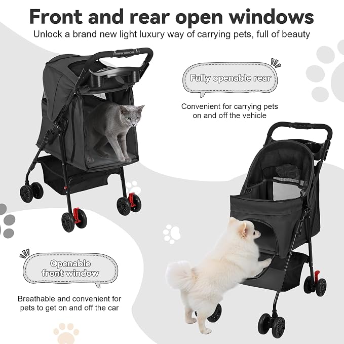 4 Wheel Pet Stroller for Small Medium Dogs, Foldable Cat Carriage with Breathable Mesh Windows, Cup Holder and Storage Basket, Portable Animal Strolling Cart Holds up to 22lbs Black