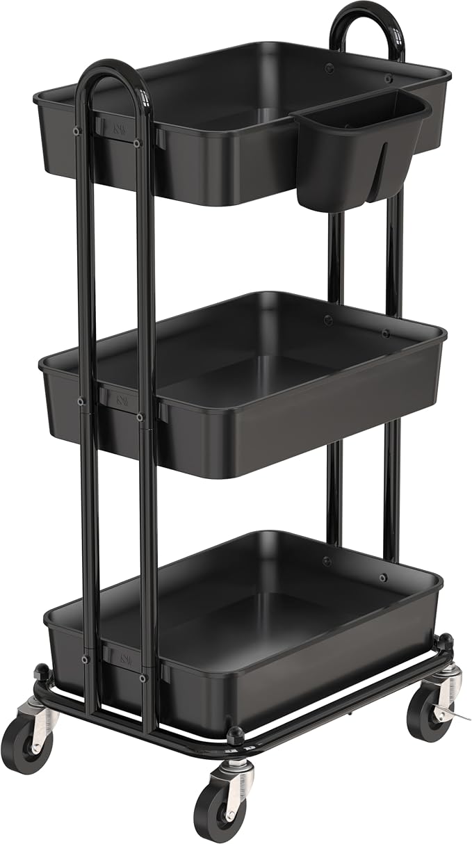 Simple Houseware 3-Tier Rolling Utility Cart with Hanging Bucket, Black | Storage for Bathroom, Kitchen, Office, Study Room, Nursery Diaper