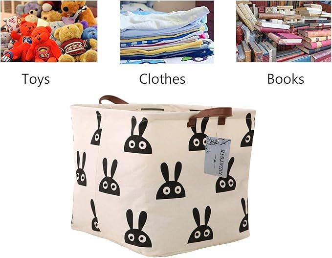 Square Storage Bins Canvas Collapsible Storage Basket with Handles - Organizer for Nursery, Kid's Toys & Laundry, Gift Baskets (Rabbit)