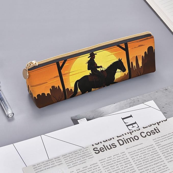 Leather Pen Case with Zipper - Aesthetic Pen Holder Cowboy Riding Ranch Desert Pencil Case for Women & Men - Handcrafted Pencil Bag Multi-Functional Travel Cosmetic Case for Work Office Tool Pouch