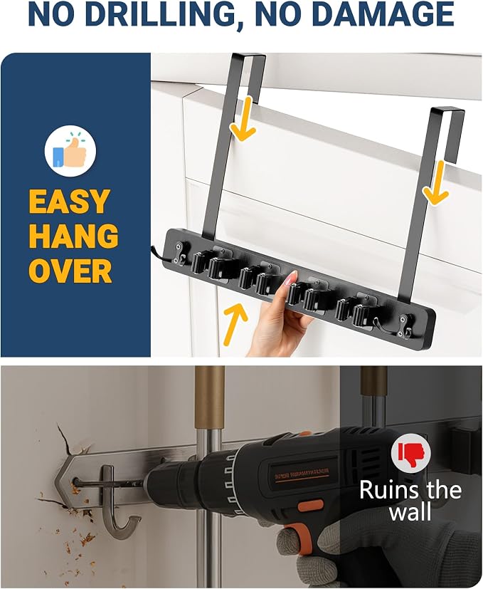 Lorbro Broom Holder Door Mount, Wood Over the Door Broom and Mop Holder | 4 Slots 4 Hooks, No Drill Setup, EVA Protection Pads, Secure Grip, Laundry Garage Closet Kitchen Use, Black