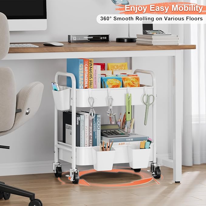 2 Tier Small Rolling Cart Metal with Wheels, White Under Desk Storage Cart on Wheels, Short Utility Roller Caddy Carts Organizer for Art,Craft,Pantry,Bathroom, Two Tiered Shelf Trolley,22 Inches Tall
