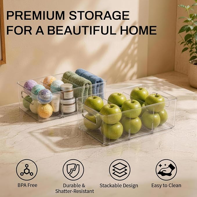 Mpotmiy 4-Pack Pantry Organizers and Storage, Clear Fridge Organizer Bins | Clear stackable plastic bins with removable dividers for packets, snacks, pouches and spices in pantry, fridge or freezer.