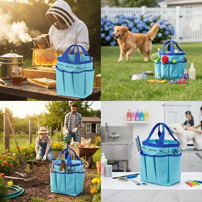Abbylike Grooming Tote,Vintage,15 x 12 x 5.5 Inch,Blue | Tote Bag for Horses and Dogs, Organize Tack Tools Equestrian Grooming Kit, Care Portable with Multiple Pockets for Supplies