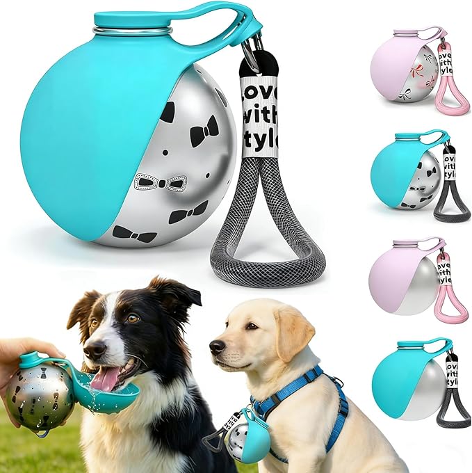 2 In 1 Portable Dog Water Bottle with Foldable Silicone Bowl, 10 Oz Travel Water Bottle for Dogs Drinking, Leakproof Stainless Steel Pet Water Bowl for Outdoor Walking Hiking Camping (Blue with Print)