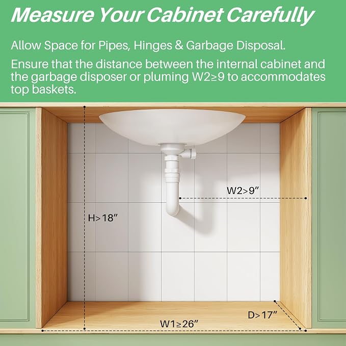 Under Sink Organizer, 2-Pack Pull Out Cabinet Organizer 2 Tier Metal Slide Out Storage Shelf Rack, L-Shaped Adjustable Height,Mesh Sliding Drawer for Kitchen, Bathroom, Laundry, Pantry, Green, XL
