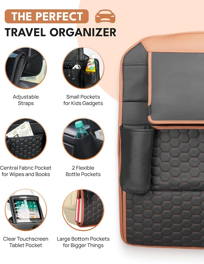 Owleys Over the Car Seat Organizer and Kick Mat Set, 2 Pc, Black/Tan | Owleys Over the Car Seat Organizer and Kick Mat Set, 2 Pc, Black/Tan