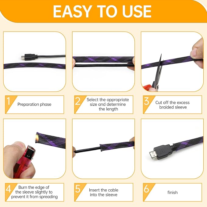 Braided Cable Sleeve, 33ft Expandable Wire Loom for Automotive Wiring Harness & PC Case, Pet-Proof Chew Resistant Cord Protector, Flexible Cable Management (Black-Purple, 12mm (15/32"))