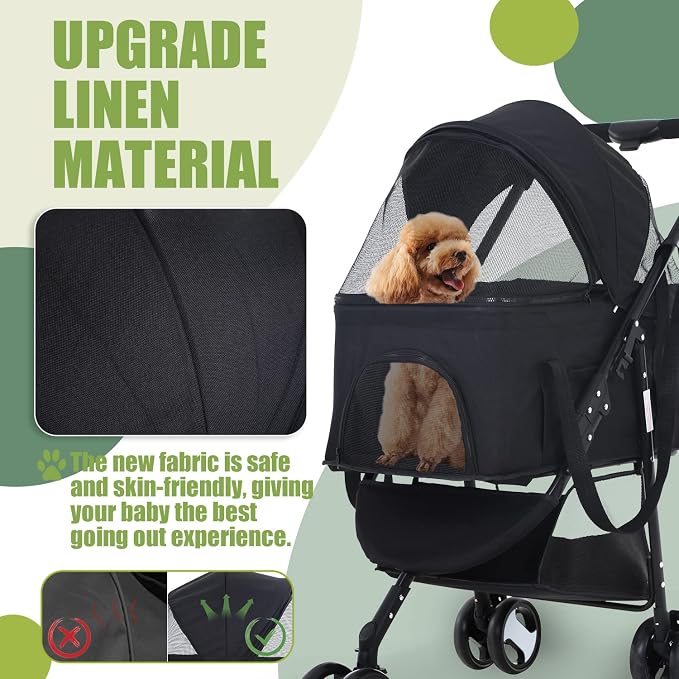Dog Stroller Cat Stroller Pet stoller 3-in-1 Folding Dog Stroller for Small Medium Dogs Cats with Detachable Carrier Storage Basket Waterproof Lightweight for Travel,Black