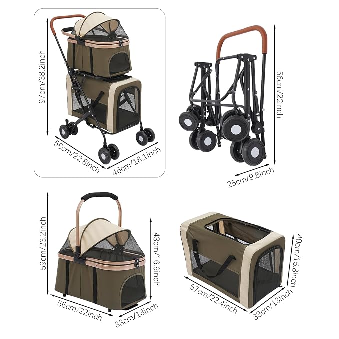 Pet Stroller for Small Medium Dogs Up to 77lbs, 2 Detachable Carriers, Folding Pet Carriage Cart for Dogs Cats, 360° Front Wheels Portable Cat Puppy Jogging Stroller with Storage Pocket