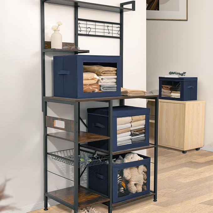 Stackable Storage Bins with Lids - Large Decorative Basket with Lids, Fabric Foldable Closet Organizer Bins, Shelf Organizer for Living Room, Dorm, 5 Pack, Navy Blue