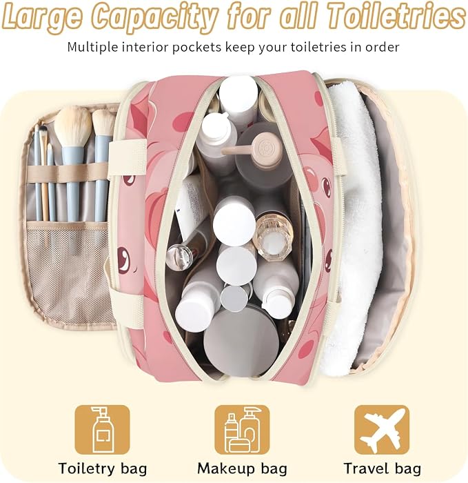 Pig Kawaii Travel Toiletry Bag with Handle | Wet & Dry Separation, Full-Size Bottle Friendly, Leak-Proof, Waterproof, Easy to Clean, for Travel, Gym, Home