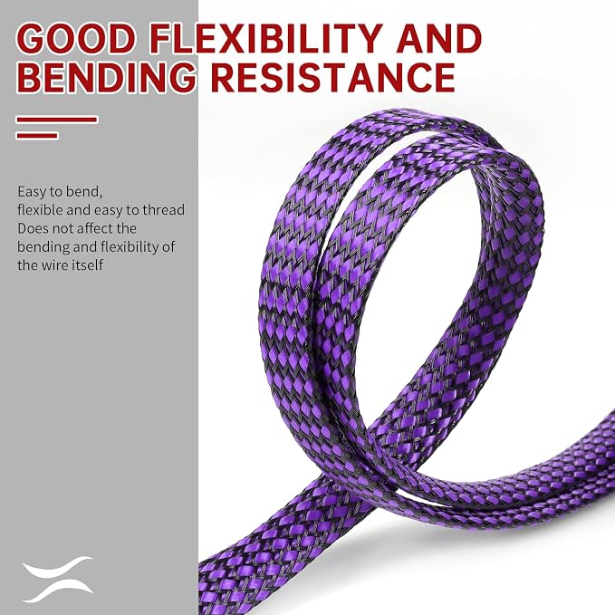 Expandable Braided Cable Sleeve, PP Yarn + PET Braided Expandable Sleeving Cable Management Protection High Density PET Wire Cover Sheath for Cables (Purple Black, 8mm (5/16")-19ft) -49ft