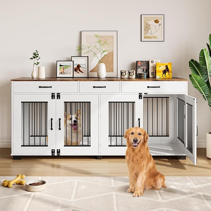 IDEALHOUSE 71-Inch Large Dog Crate with 3 Drawers for 2 Dogs, White | Dog Kennel Furniture, Large Breed Dog Crate and TV Stand for Medium-Large Dog