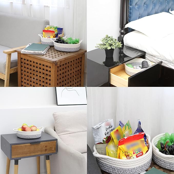 Sea Team 2-Pack Compact Woven Cotton Rope Storage Baskets, Mottled Gray | Knitted Decorative Organizer Bins with Handles, Portable Round Containers for Small Items, Keys, Makeup, Jewelry, Trinkets