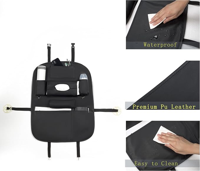 Car Back Seat Organizer with Foldable Table Tray, PU Leather Backseat Organizer for Kids Toddlers Travel, Car Kick Mats Seat Back Protector Storage Pocket with Touch Screen Tablet Holder