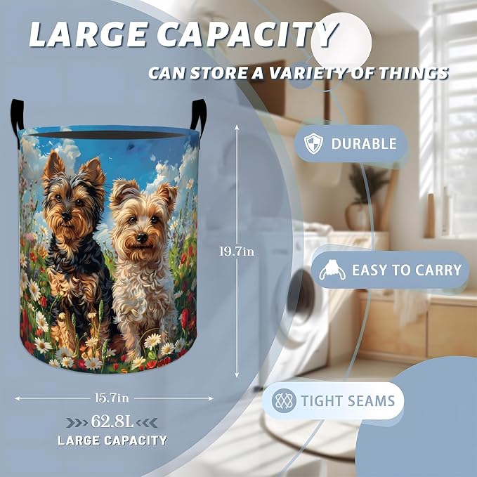Cute Yorkshire Terriers in Flower Field Laundry Basket with Handles, 19.7"x15.7" Clothes Foldable Puppy Dog Laundry Hamper Organizer for Dorm Nursery Bedroom Bathroom Decor, Toy Storage Bin for Kids